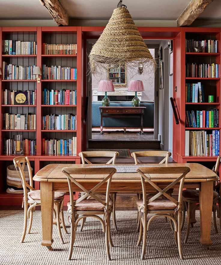 Colorful dining room with exposed wooden beams