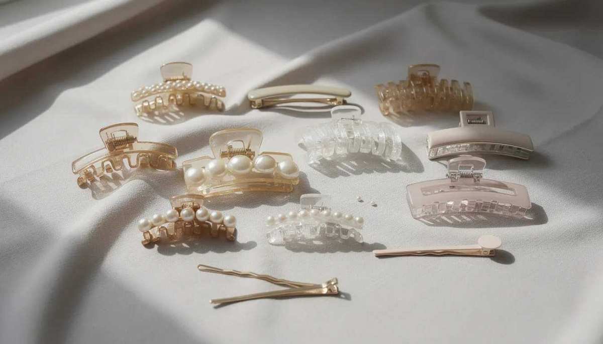 An assortment of hair clips including claw clips, barrettes, and bobby pins is neatly arranged on a light fabric surface, showcasing various shapes and styles ideal for different hair types. These hair accessories are perfect for securing hairstyles like low ponytails or buns, adding a stylish touch to any look.