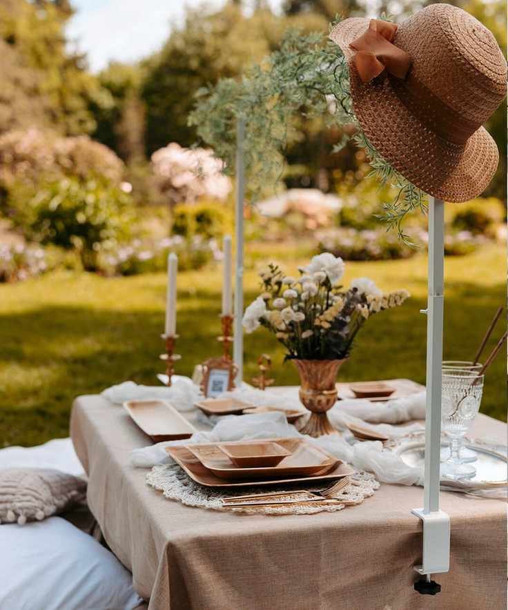 Picnic table with compostable palm leaf tableware