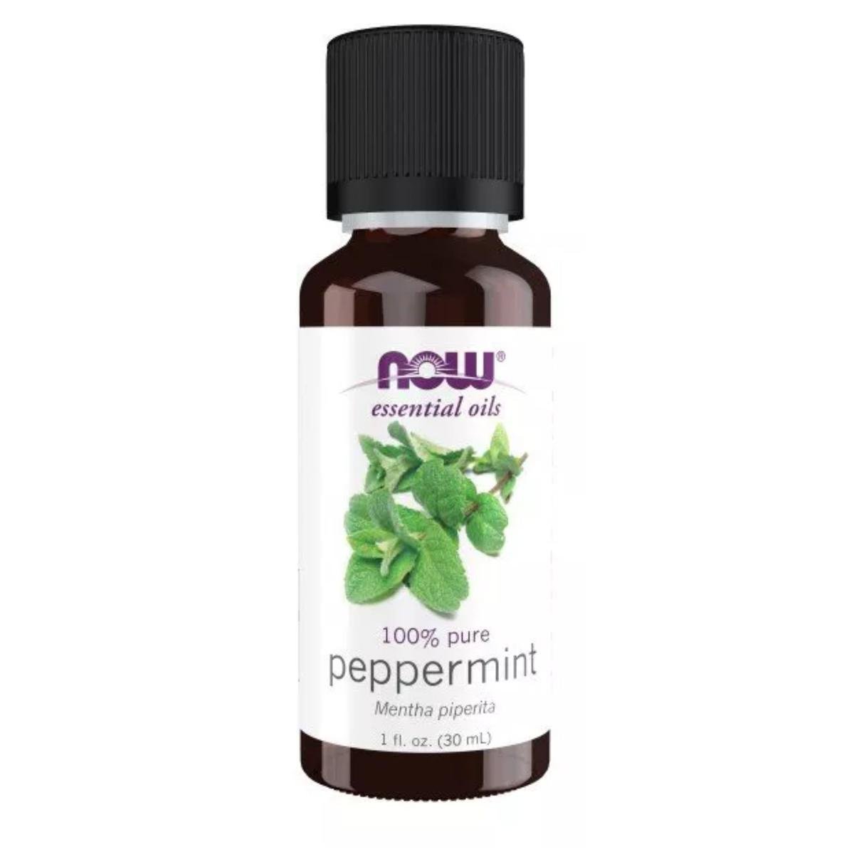 A brown bottle of peppermint oil with white label