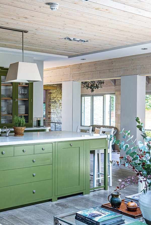 Kitchen island painted in green