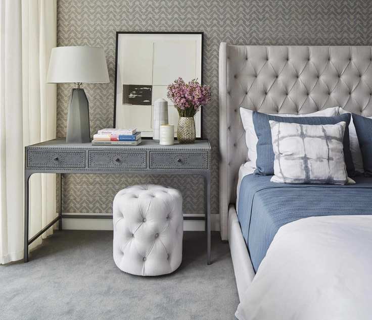 bedroom with home office desk/dressing table, wallpaper, stool, lamp, artwork, button backed headboard, blue and white bedding