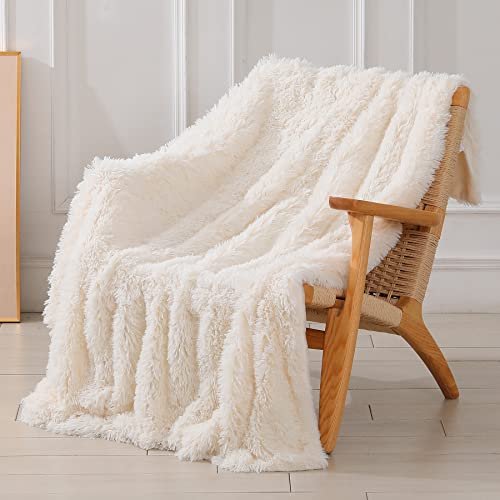 Tuddrom Decorative Extra Soft Fuzzy Faux Fur Throw Blanket 50" X 60",solid Reversible Long Hair Shaggy Blanket,fluffy Cozy Plush Comfy Microfiber Fleece Blankets for Couch Sofa Bedroom,cream White