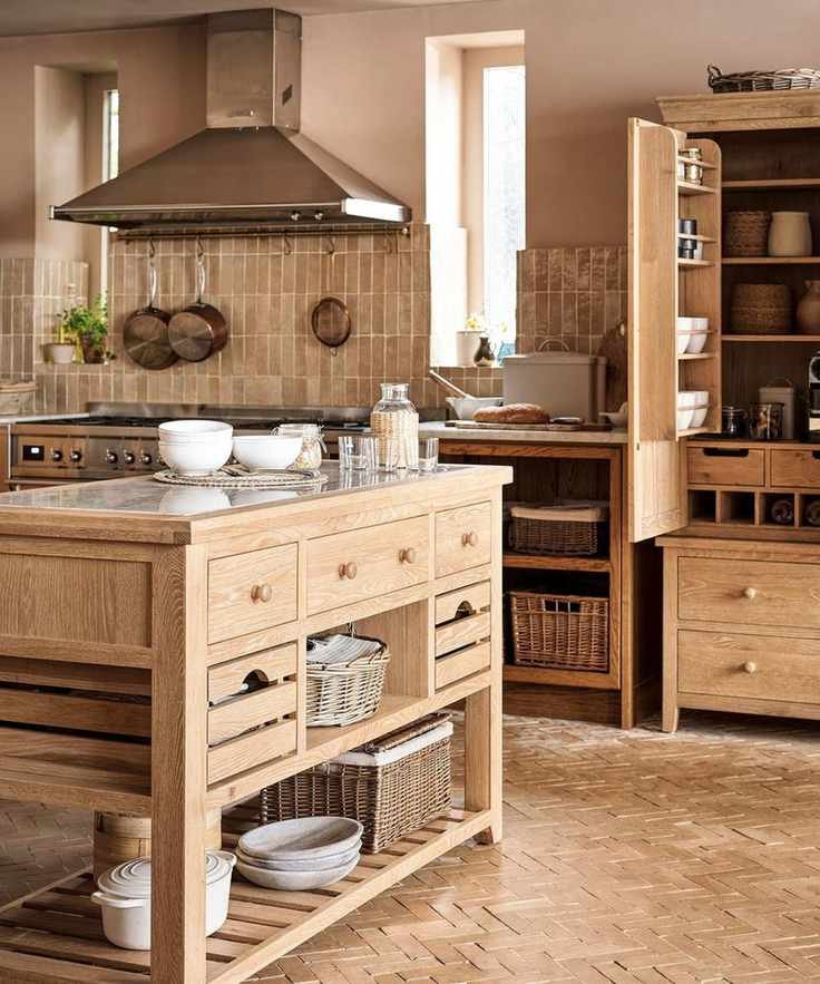 Rustic country kitchen with a freestanding wooden island
