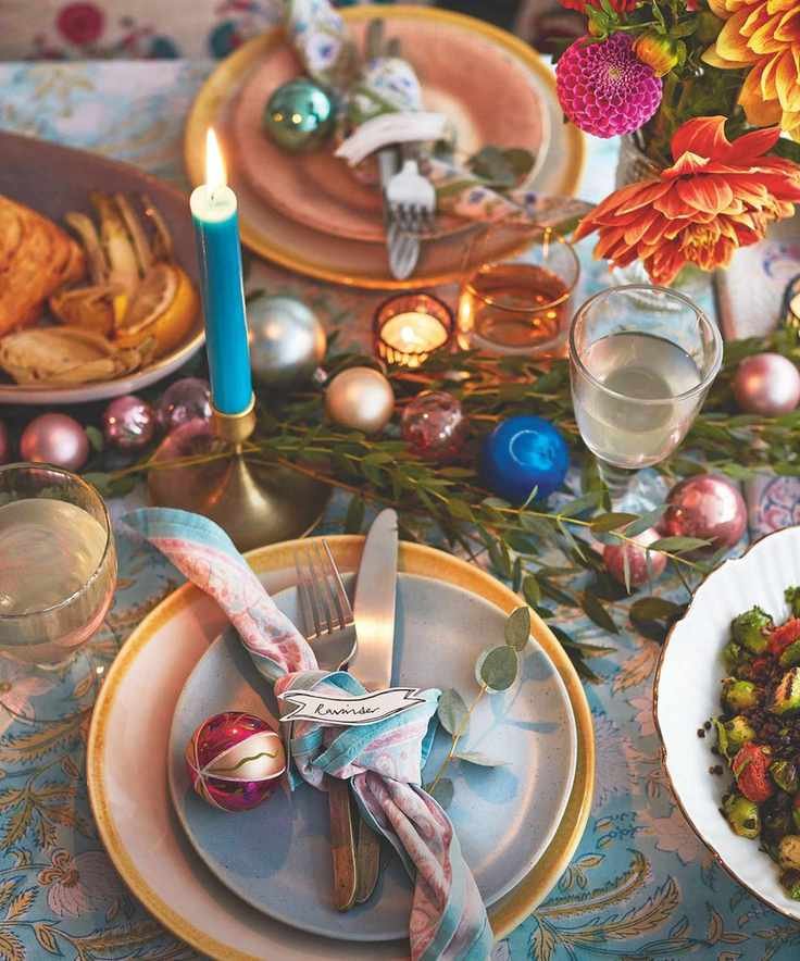 Colorful Christmas table place setting