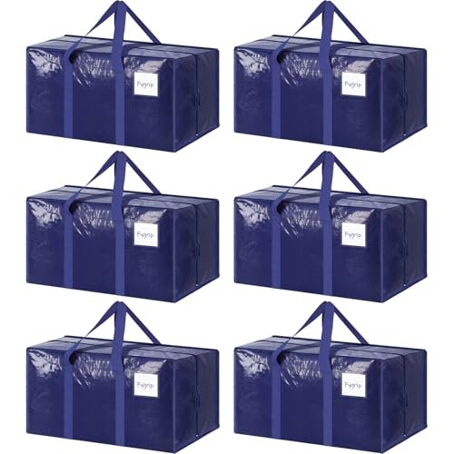 6 Pack Extra Heavy Duty Large Moving Bags With Strong Zipper & Comfortable Handles, blue rectangular bags with handles and white labels.