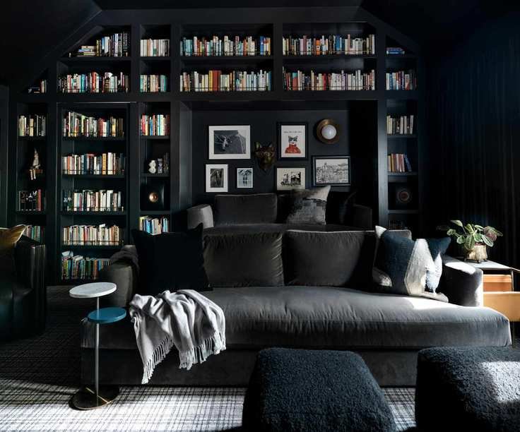media room with dark walls