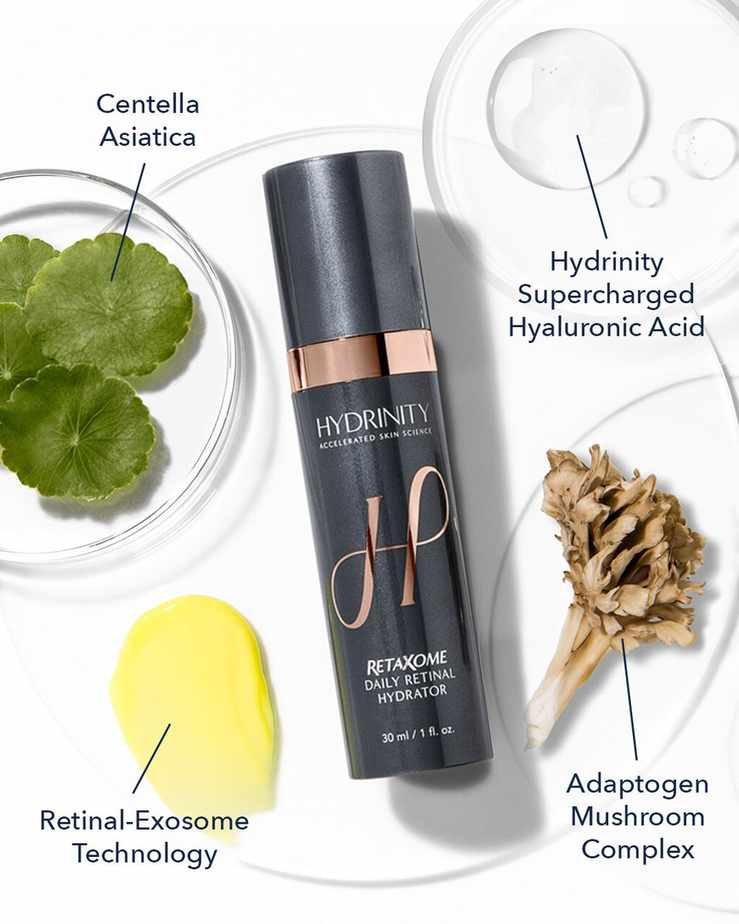 Image highlighting the key ingredients to the Hydrinity RetaXome Daily Retinal Hydrator