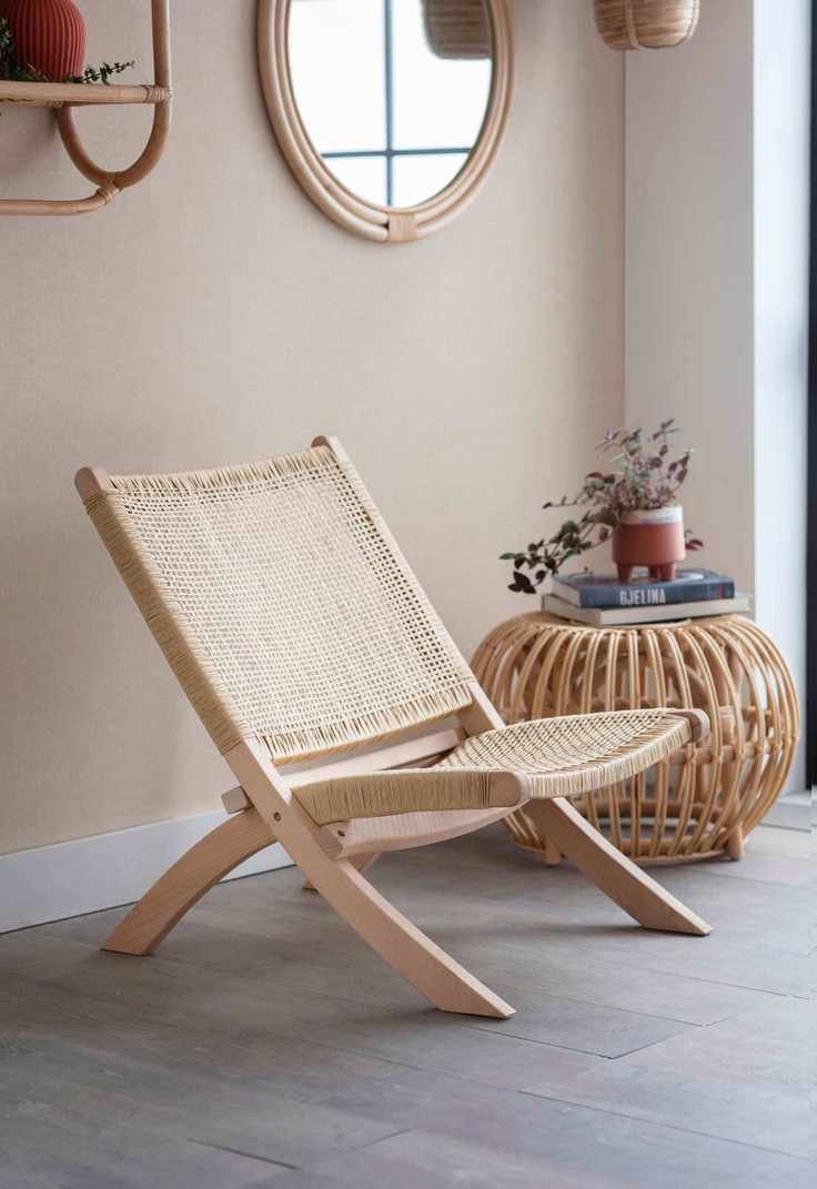 simple wooden chair in farmhouse living room setting with side table