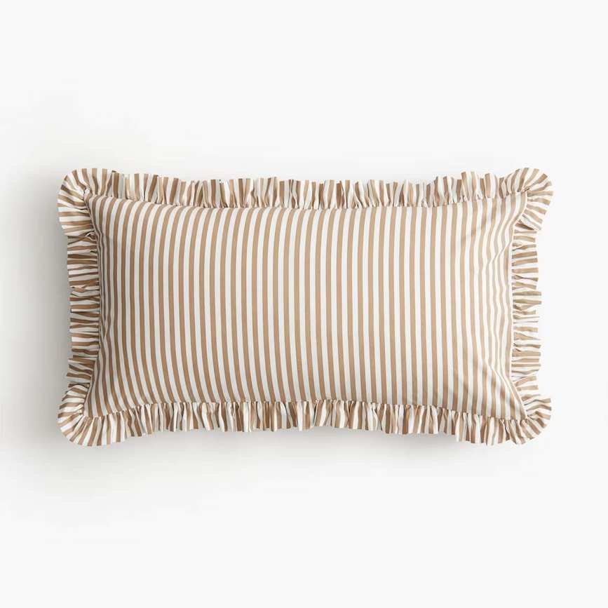 Light Brown Striped Ruffle Cushion Cover