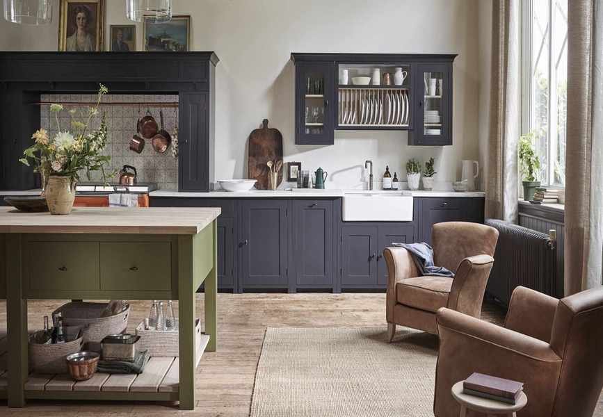 painted kitchen with armchairs