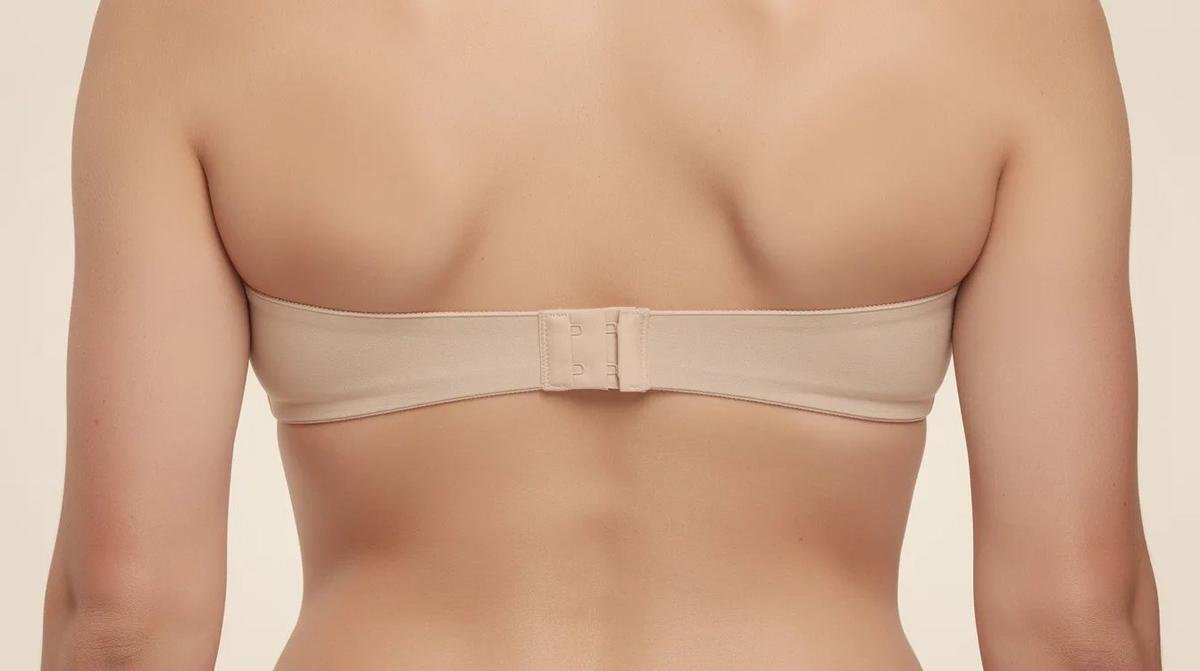 The image shows a close-up view of a bra's back featuring a three-hook closure, with the band sitting parallel to the floor, highlighting the importance of proper band size for a correct fit and support. The bra appears to be lightly lined, emphasizing the need for accurate measurements to avoid wearing the wrong bra size.