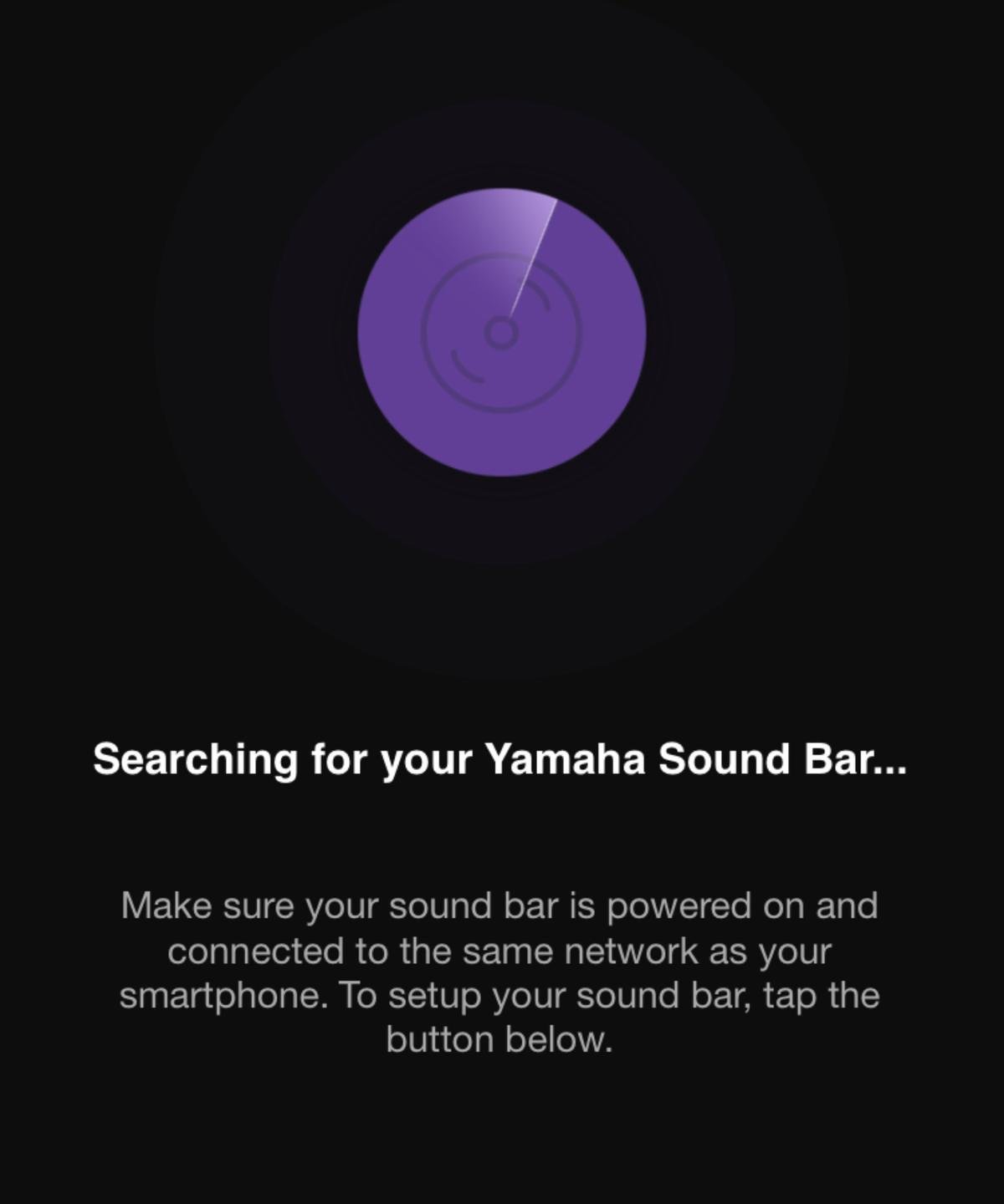 Screenshot of Yamaha Sound Bar app searching for Yamaha soundbar.