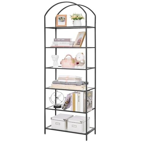 A black framed six tier bookshelf with an arched top