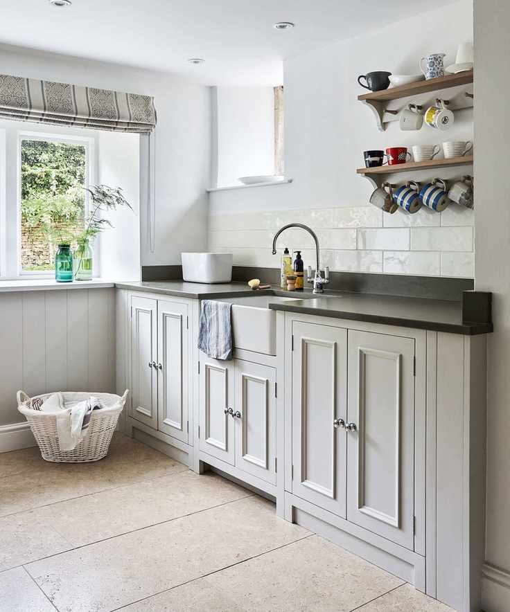 Pale grey kitchen ideas with Shaker cabinetry, open shelving and a butler sink.