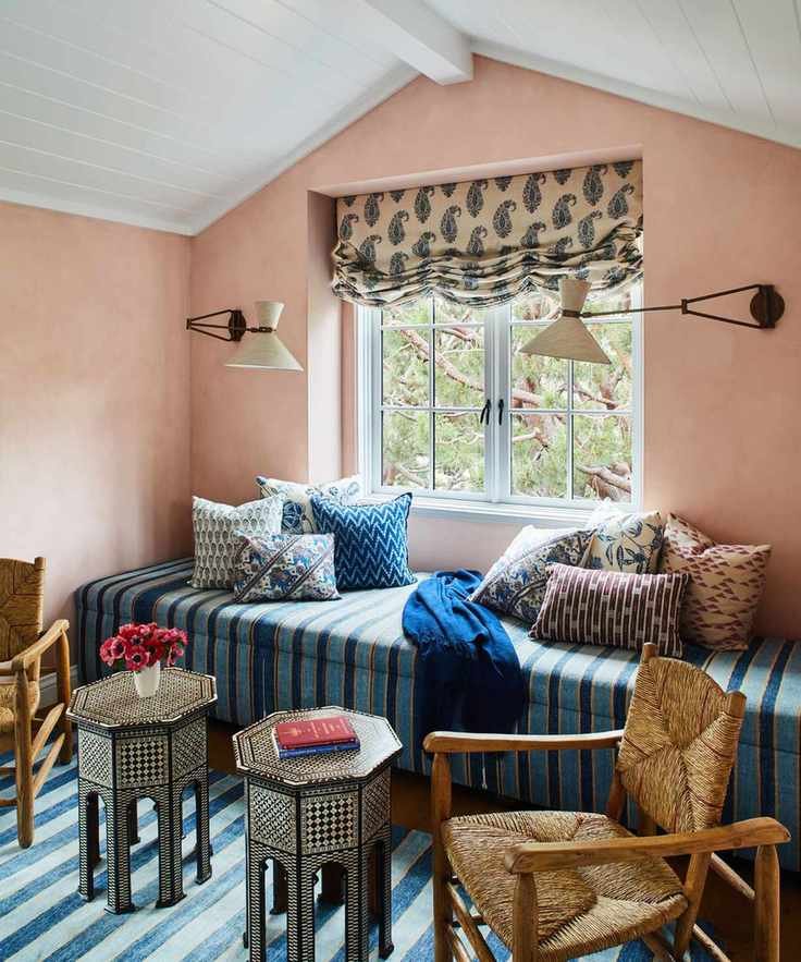 window seat nook with striped upholstery