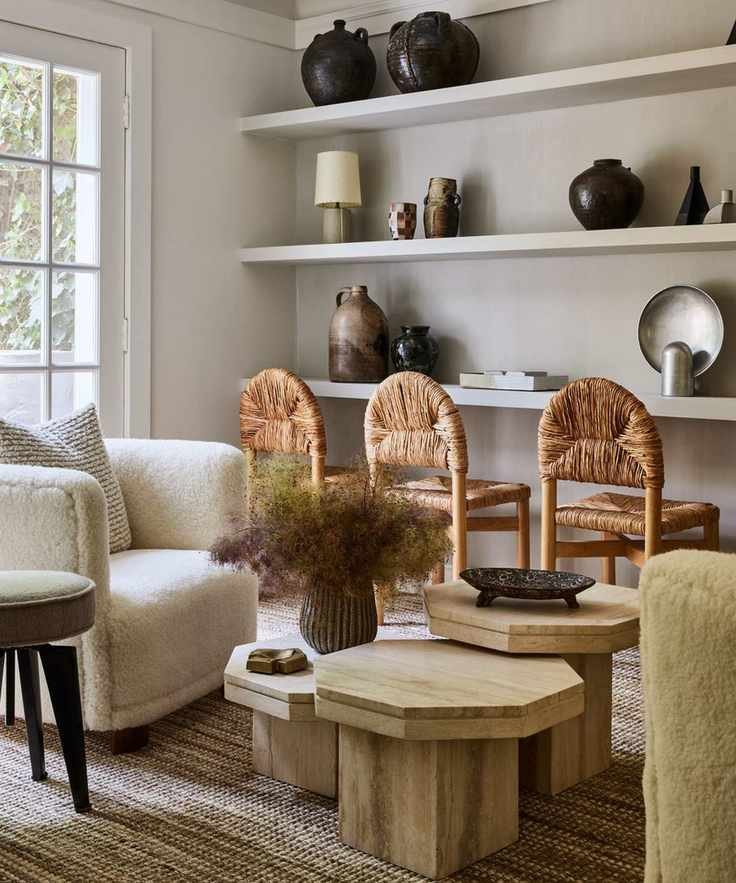 Wooden chairs, wooden tables,, fluffy armchairs, black pots