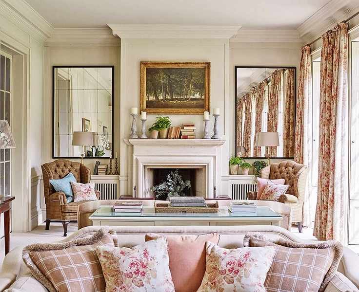 Luxury living room with fireplace and mirrors