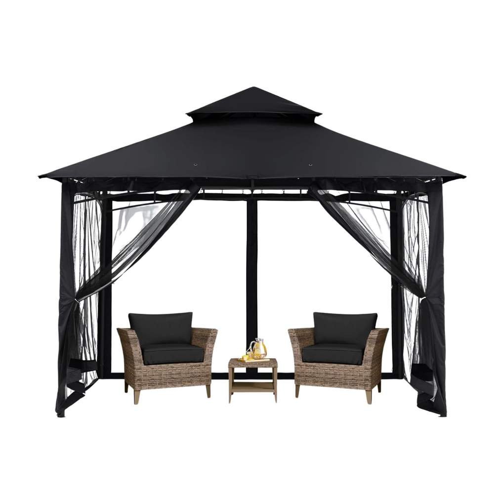 A black gazebo with two brown chairs with black covers and a small table underneath it