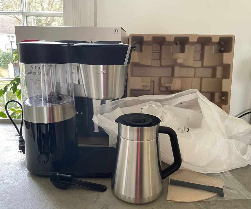 OXO 8-cup coffee maker unboxed on the countertop
