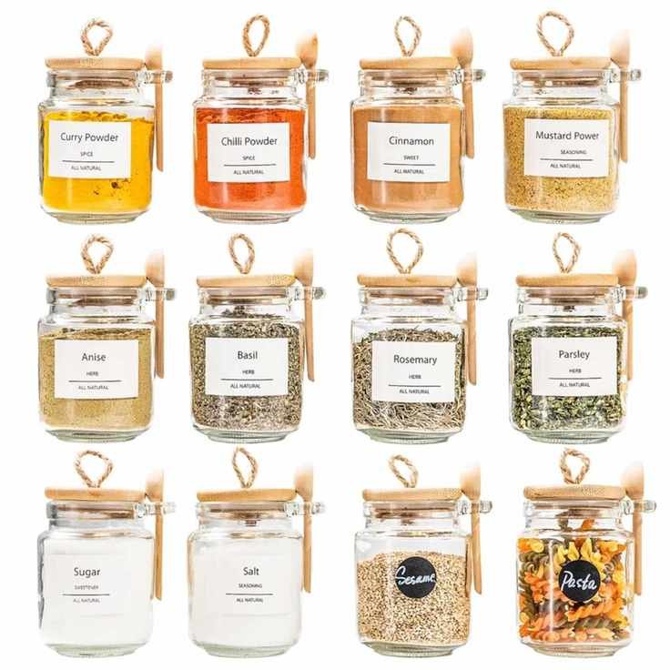 Airtight glass spice jars with bamboo lid and spoon