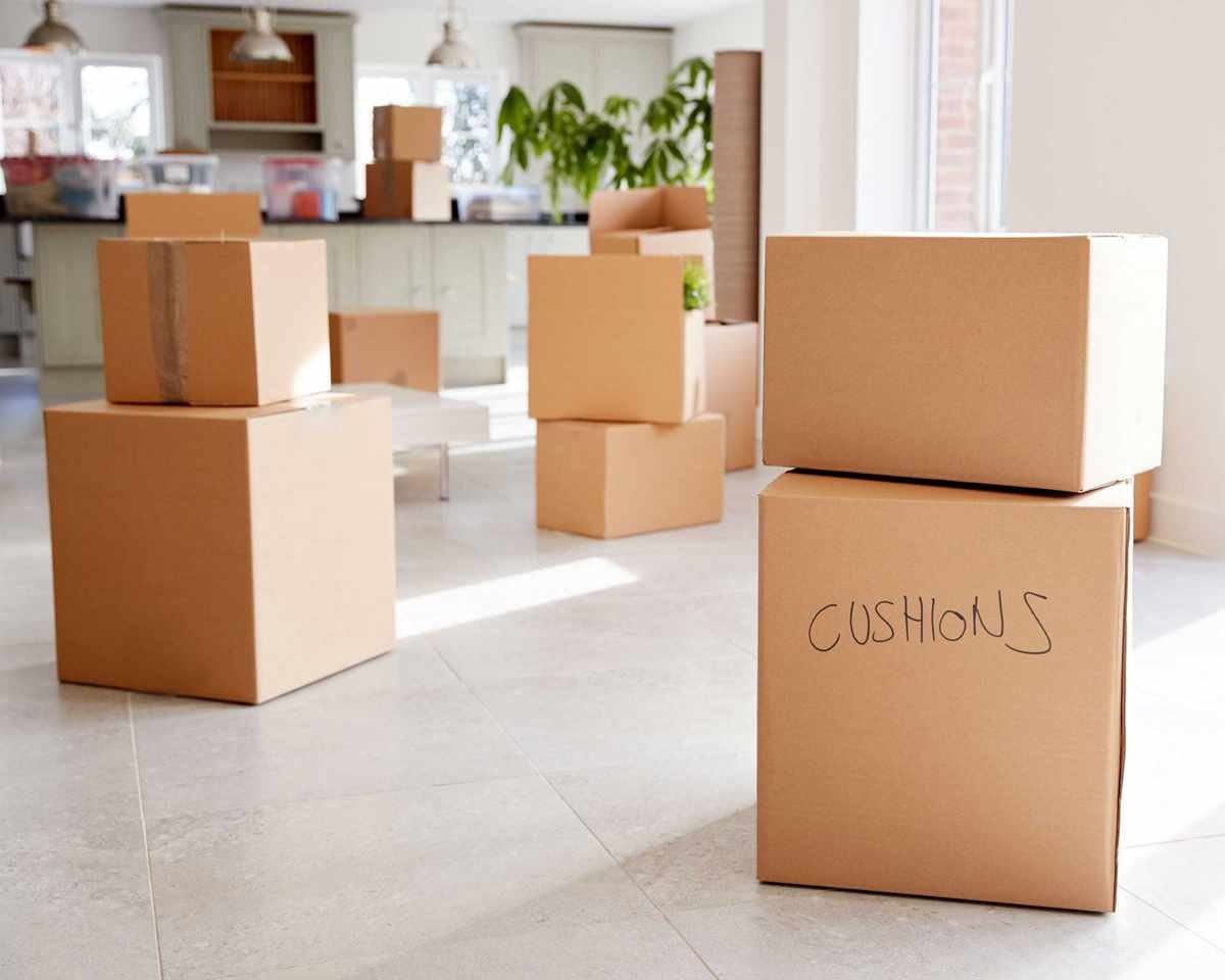 moving boxes in an open plan kitchen