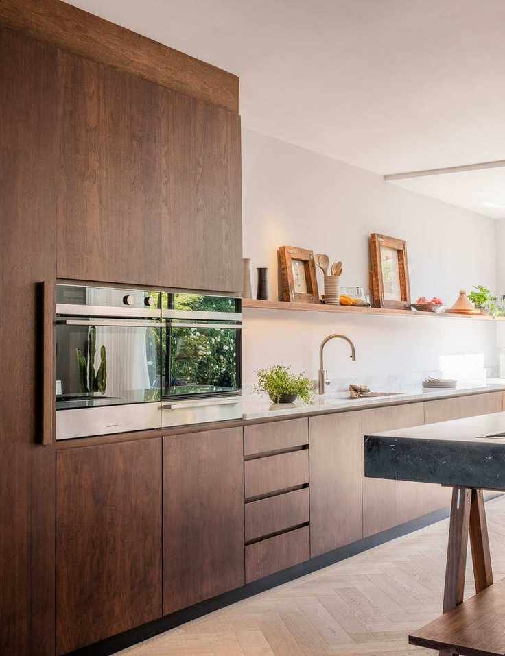 One-wall kitchen with wood cabinets
