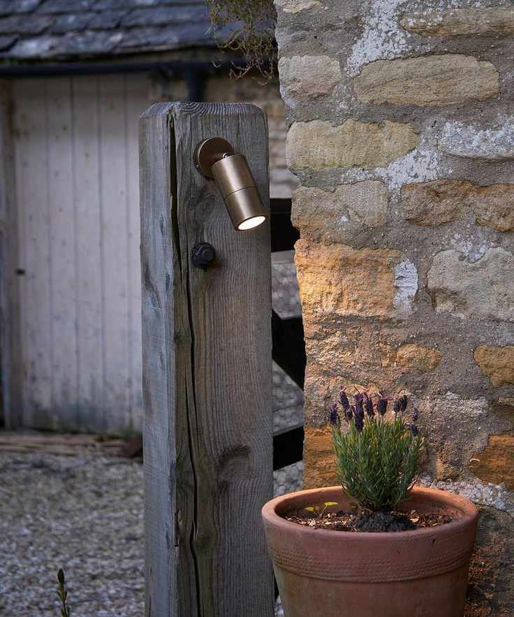 A close-up shot of a spotlight shining on a pot of lavender in front of a brick wall