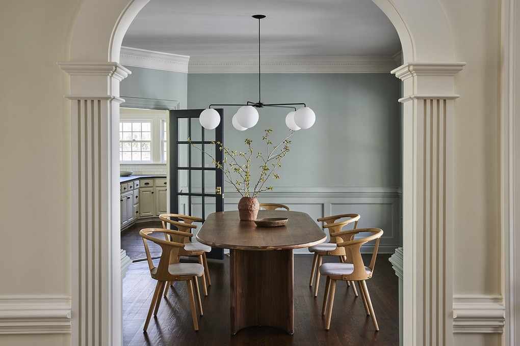 Dining room with blue wainscoting