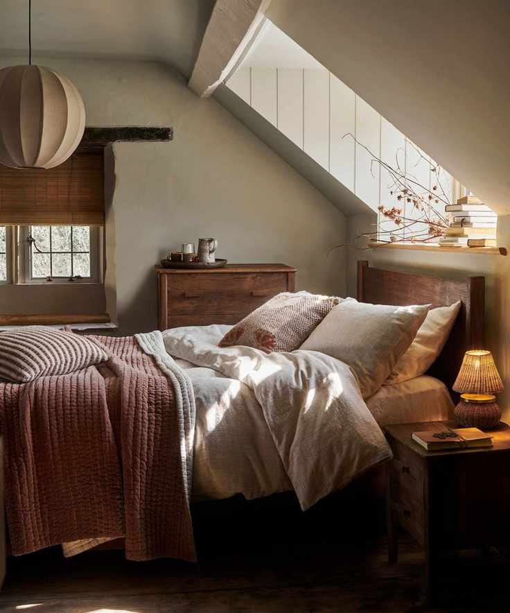 A cozy fall bedroom with a wooden bedframe and neutral bedding. A slanted roof with a skylight window above.
