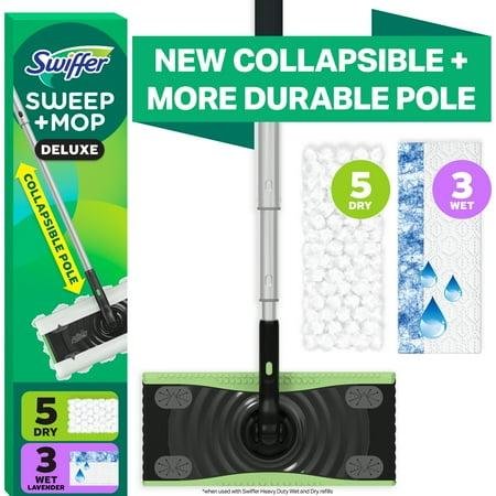 Swiffer Sweep and Mop Deluxe, 2-In-1 Mopping and Sweeping Kit, Multi-Surface Floor Cleaning, Kit Includes 1 Sweeper Device, 5 Heavy Duty Dry Sweeping Cloths, 3 Heavy Duty Wet Mopping Cloths