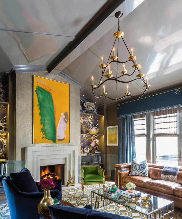 Stylish living room with a glossy gray vaulted ceiling and eclectic decor