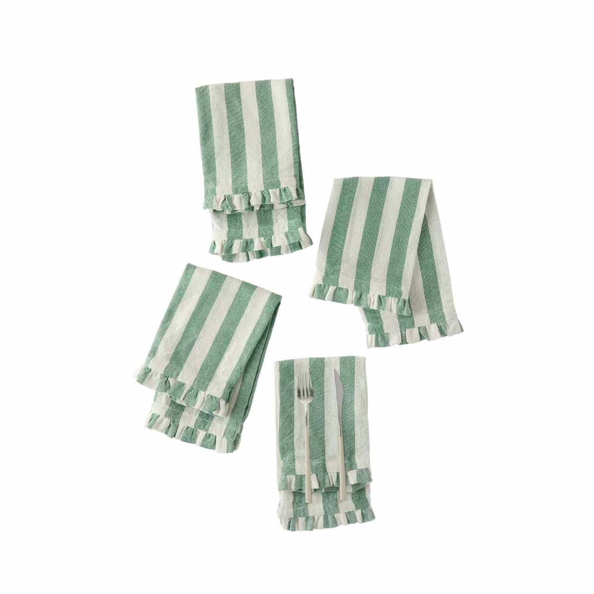 Four white and mint-colored striped napkins with frilled edges