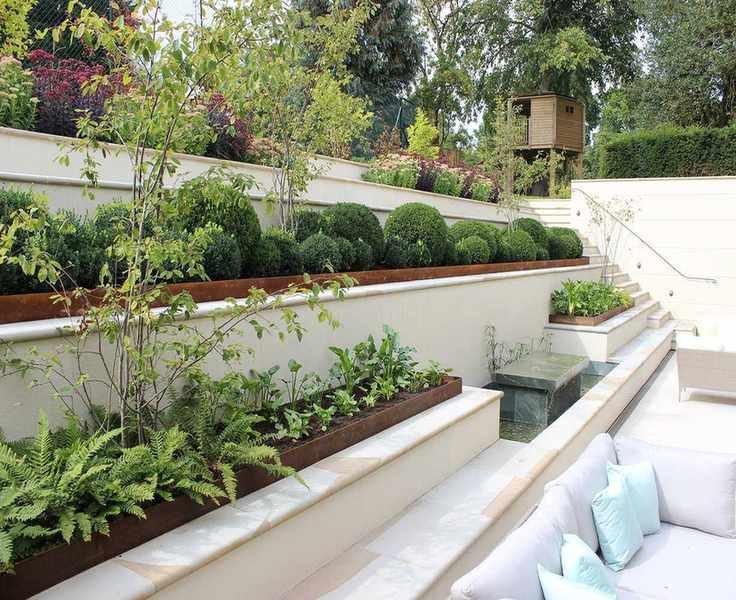 sunken patio area surrounded by stepped terrace with seating and raised beds
