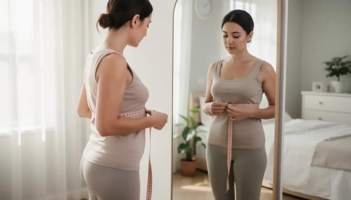 A woman stands in front of a mirror, using a tape measure to take her bust and underbust measurements around her torso, likely to determine her true cup size and band size for bra shopping. She appears focused on achieving a comfortable fit, ensuring she selects the right bra size that offers proper support and coverage.