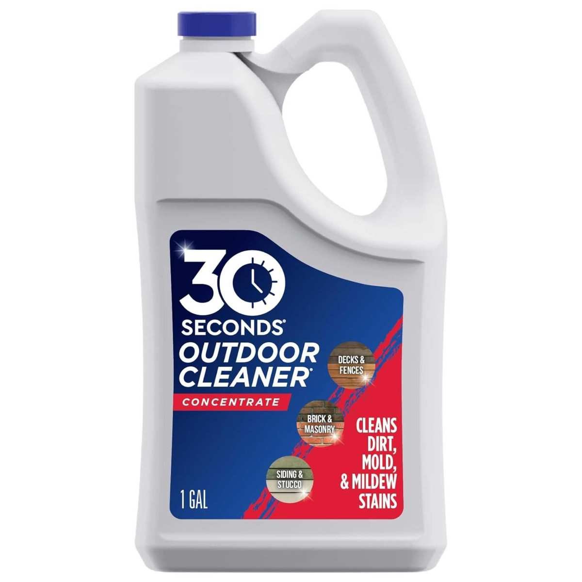 A side on view of a white bottle of outdoor cleaner