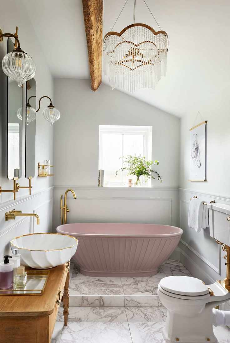A small bathroom with marble flooring and a chandelier.
