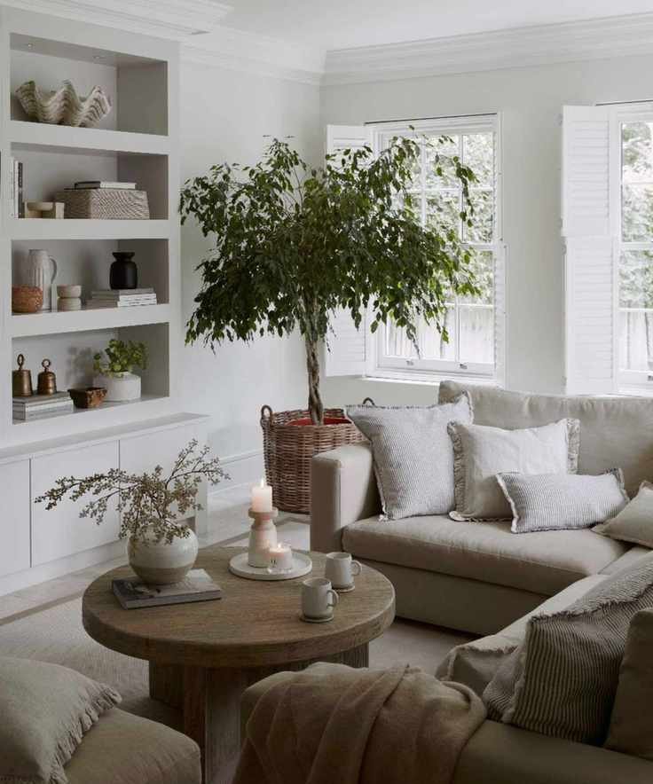 A large cloud sofa with a large olive tree, round wooden coffee table, and full styled bookshelf