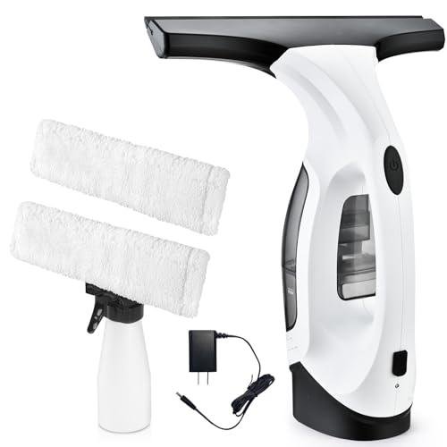 A white and black plastic cordless window vacuum cleaner with a spray bottle and white microfiber pads.