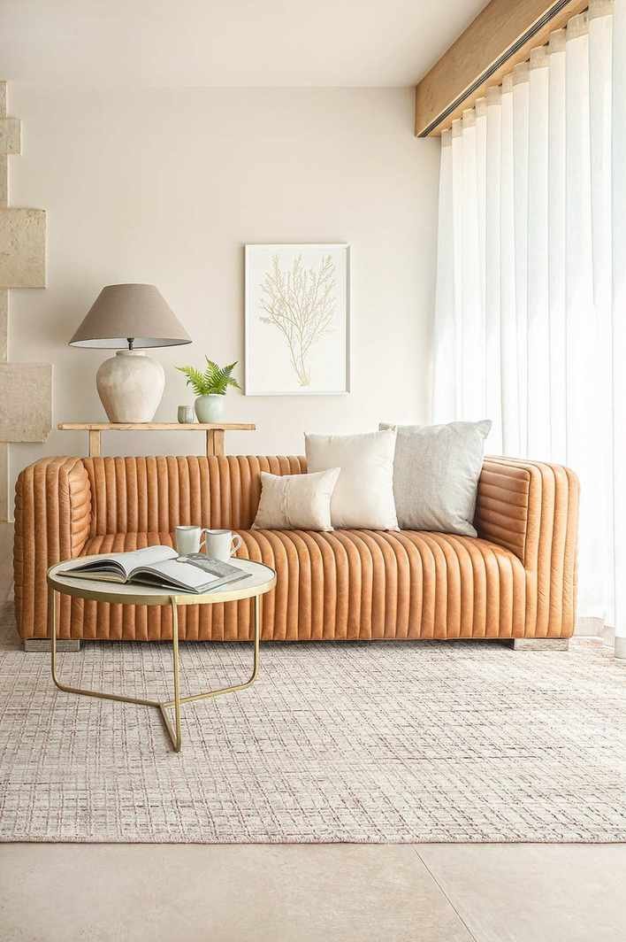 ribbed leather sofa in caramel color