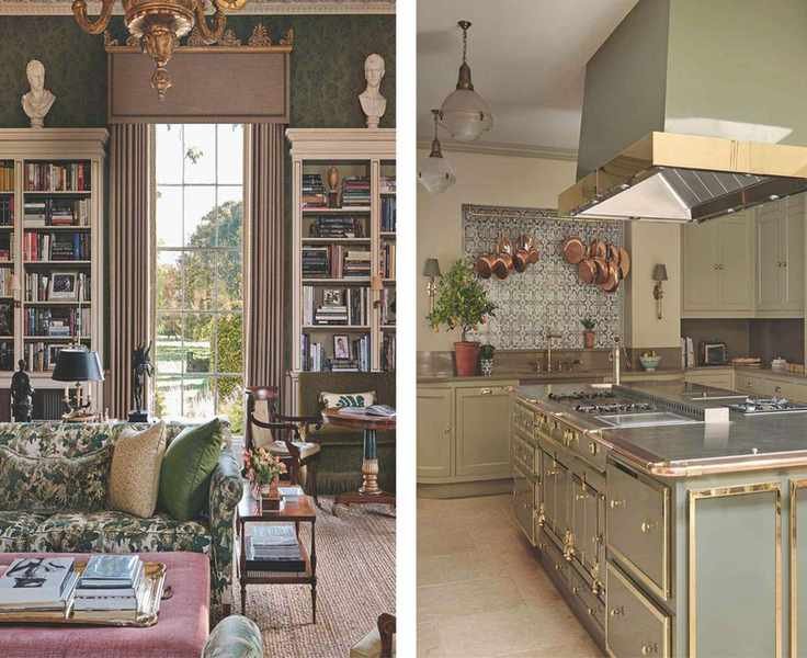 (Left) A cozy library with built-in bookshelves, a verdant floral sofa, and a large window overlooking a park; (Right) A spacious kitchen featuring sage cabinetry, a sizable island with brass details, and a blue tiled backsplash adorned with copper pots.