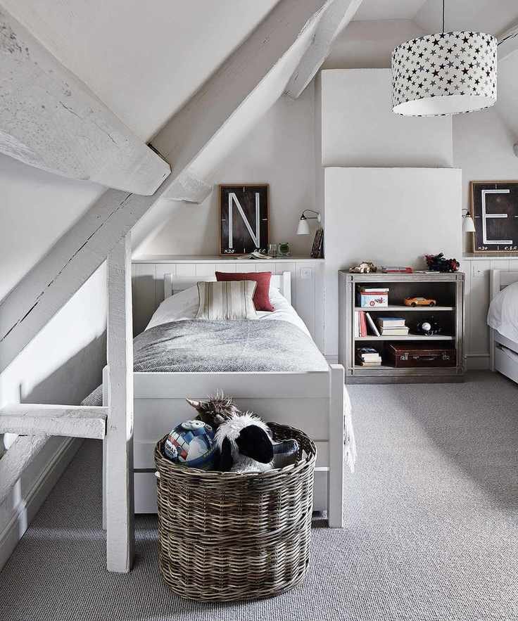 Minimalist bedroom ideas for teenagers in a gray loft bedroom with single twin beds