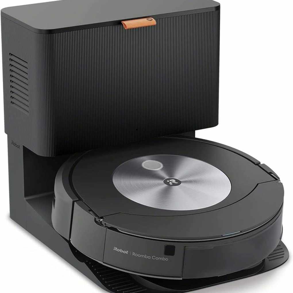 iRobot Roomba Combo j7+ robot vacuum cleaner and cleaning base against a white background.