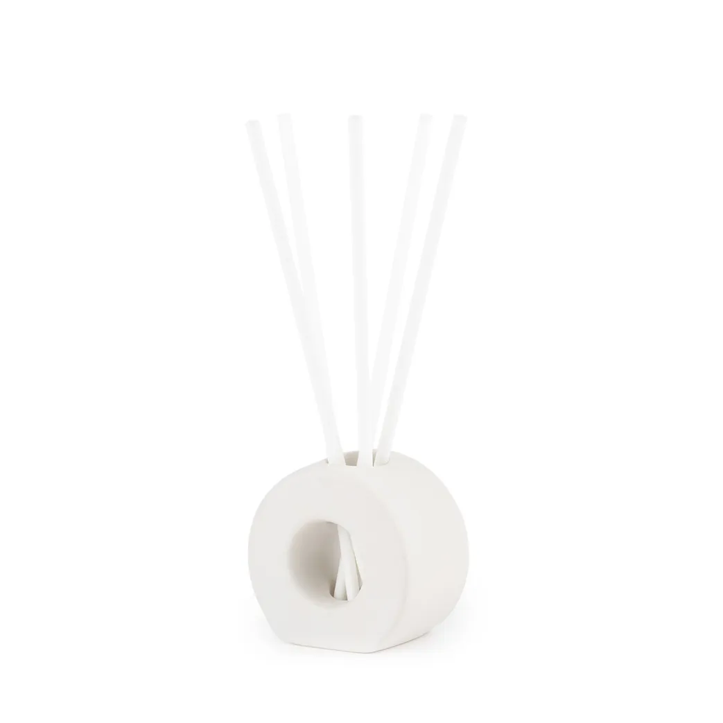 White round vase with five white reeds