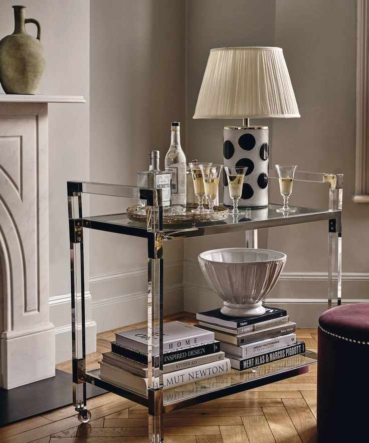 Decorative drinks trolley with glassware