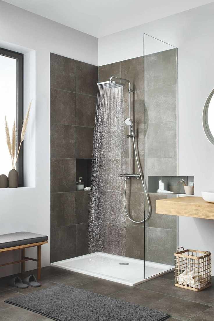 Grohe Tempesta shower tiled in gray, illustrating how to choose a shower that will help save water.