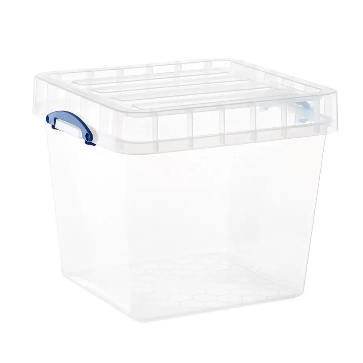 A clear plastic storage box with blue clips and lid