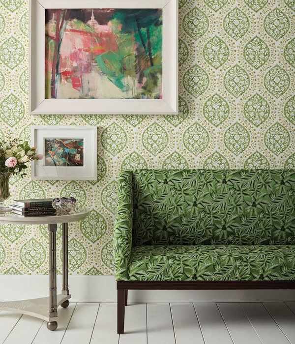 Nina Campbell on using green in interiors, living room with green wallpaper and white floor