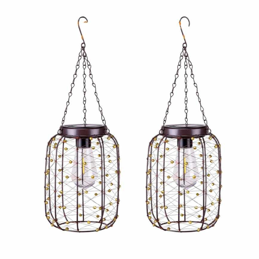 Two copper lanterns with hanging hooks, lightbulbs, and golden beads