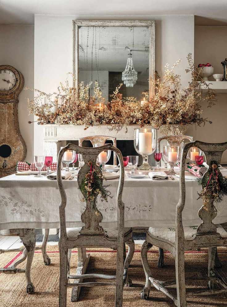 Christmas mantel decor with fall foliage